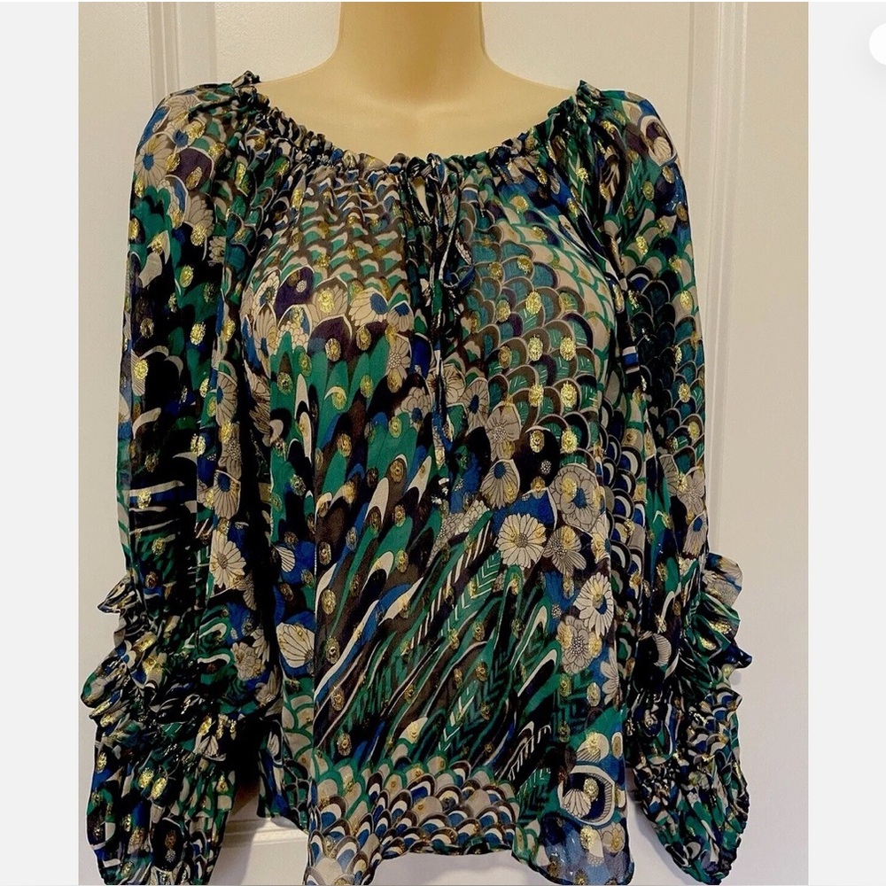 Parker 100 percent Silk Blue and Green Patterned Blouse